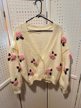 Luna Ivy 3D Rose Knit Cardigan Women's Size L